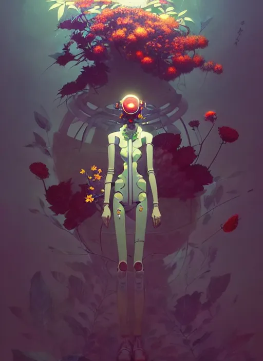 Image similar to illustrated by satoshi kon and greg rutkowski, a cyborg in some plants with flowers and berries for a face, 6 0's retro sci - fi flat surreal design