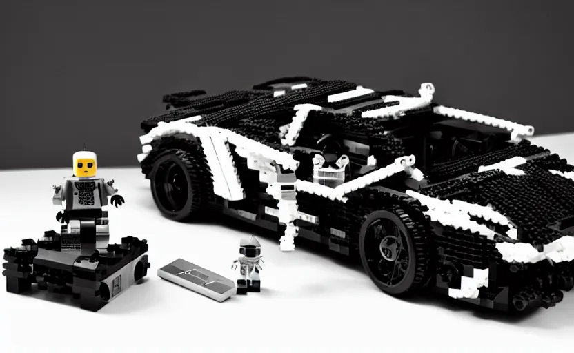 Image similar to a robot plays with a black lego lamborghini. soft light. dark background. cinematic. intricate. highly detailed