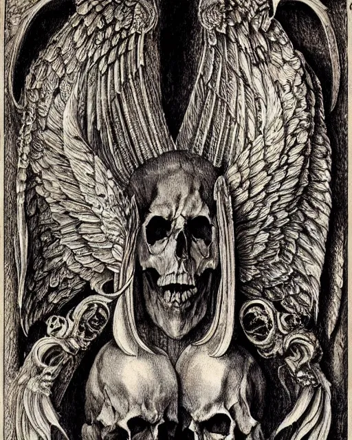 Image similar to gates of hell, skulls, wings, fine details, photorealistic, intricate complexity, extremely detailed, very sharp, in the style of albrecht durer,