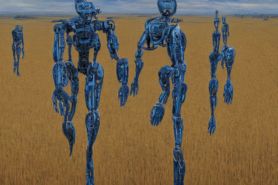 Image similar to sci-fi painting of a large alien city on the vast wheat fields, the closed back view of one humanoid robot on the ground, godrays, detailed