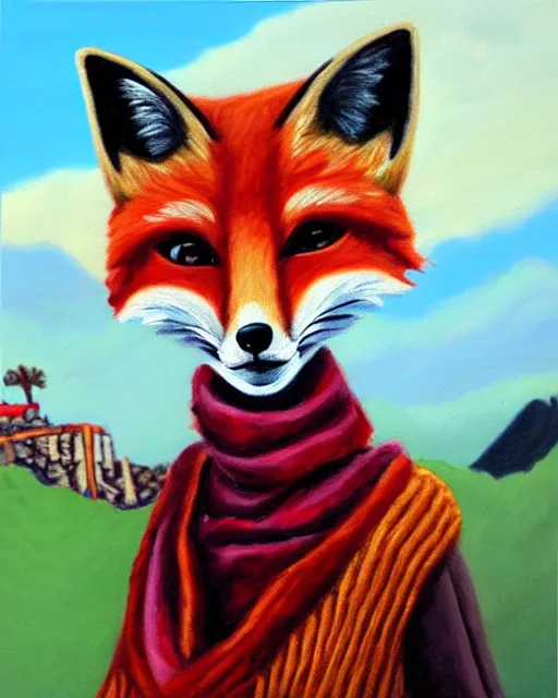 Prompt: oil painting portrait of anthropomorphic female fox animal dressed in sweater and scarf, fox animal, hollywood sign in background, oil painting,