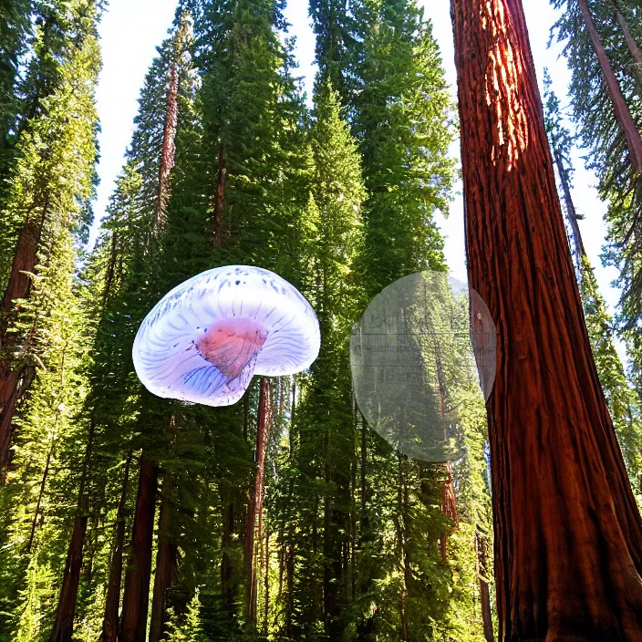 Image similar to giant jelly fish floating in air swarm among the giant sequoia trees at 2875 adanac.st vanvcouver,british columbia,canada