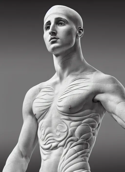 Image similar to a statue made of white marble with gold veins, of klay thompson, full body shot, perfect symmetrical body, perfect symmetrical face, hyper realistic, hyper detailed, by johannen voss, by peter kemp, by monia merlo, by michelangelo, by ernst haeckel, octane render, blender, 8 k