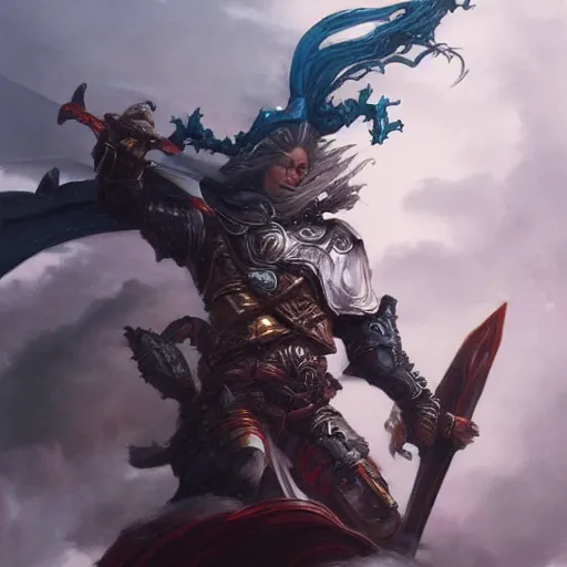 Prompt: fantasy painting of Elric wielding Stormbringer, painted by Bayard Wu, ultra detailed, 8k