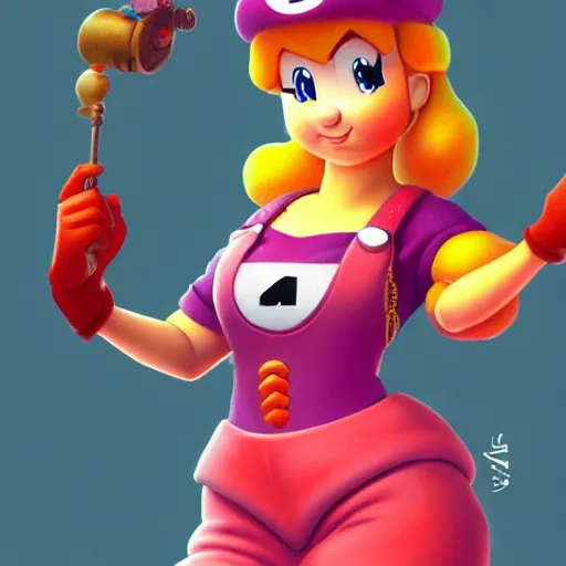 Prompt: princess peach in super marios overall, fantasy art, highly detailed, trending on artstation