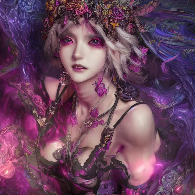 Prompt: the portrait of chaotic evil fallen sensual colorful female necromancer overlord as absurdly beautiful, gorgeous, elegant, young gravure idol, an ultrafine hyperdetailed illustration by kim jung gi, detailed faces, intricate linework, octopath traveler, final fantasy, unreal engine 5 highly rendered, global illumination, radiant light, highly detailed and intricate environment
