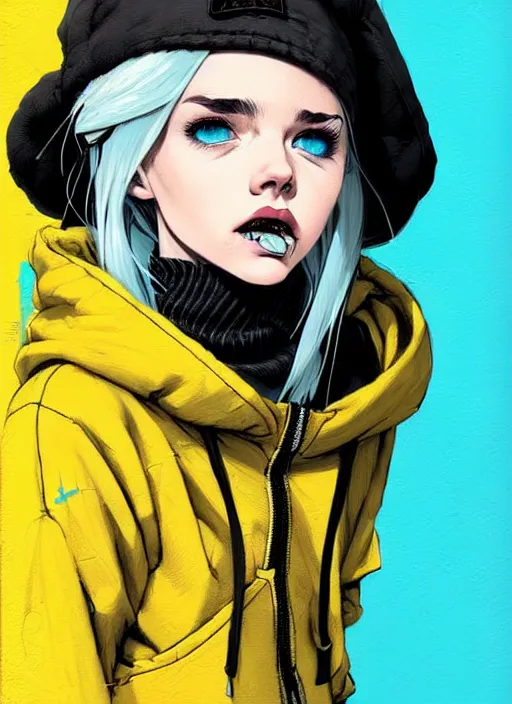 Image similar to highly detailed portrait of a sewer punk lady student, blue eyes, tartan hoody, hat, white hair by atey ghailan, by greg tocchini, by kaethe butcher, by alex horley, by bruce timm, gradient yellow, black, brown and cyan color scheme, grunge aesthetic!!! ( ( graffiti tag wall ) )