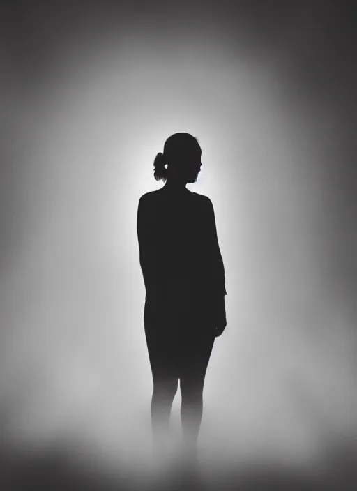 Image similar to a female silhouette, bright glowing translucent aura, fog, film grain, cinematic lighting