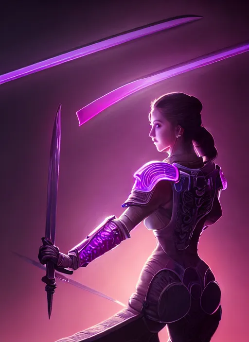 Image similar to portrait, back shot, looking away from viewer, woman with long black ponytail, wearing sci - fi leather armor, glowing purple katana, intricate, elegant, glowing lights, highly detailed, digital painting, artstation, concept art, smooth, sharp focus, illustration, art by wlop, mars ravelo and greg rutkowski