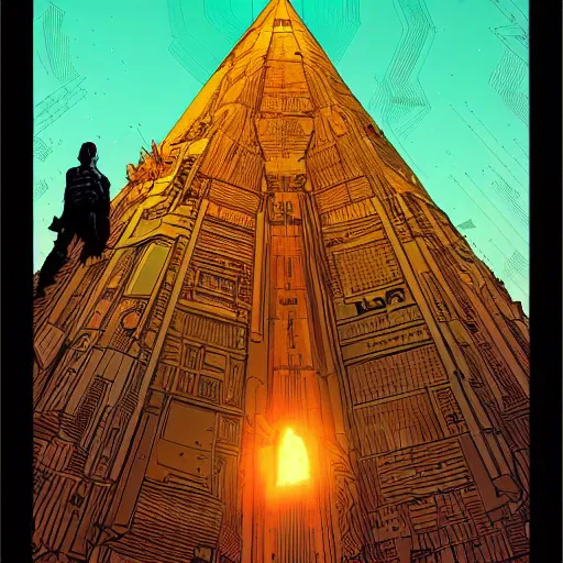 Image similar to cyberpunk explorer looking up at giant triangular monolith, highly detailed, midnight, by josan gonzalez, moebius, laurie greasley