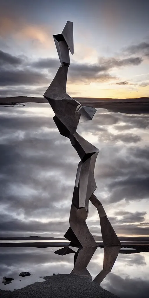 Image similar to futuristic angular architect humanoid sculpture made from deconstucted charcoal wood and mirrors, refracted, floating, iceland landscape photography sunset, by lurie belegurschi and gunnar freyr