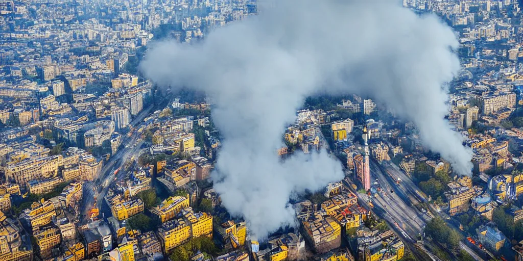 Image similar to kiev city streets covered in yellow and blue smoke, drone photography, by kim keever