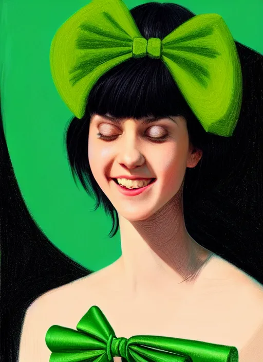 Image similar to portrait of high school girl, realistic, black hair, bangs, half updo hairstyle, pointy nose, skinny, smile, ugly, defined jawline, big chin, green hair bow, earrings, intricate, elegant, glowing lights, highly detailed, digital painting, artstation, sharp focus, illustration, art by wlop, mars ravelo and greg rutkowski