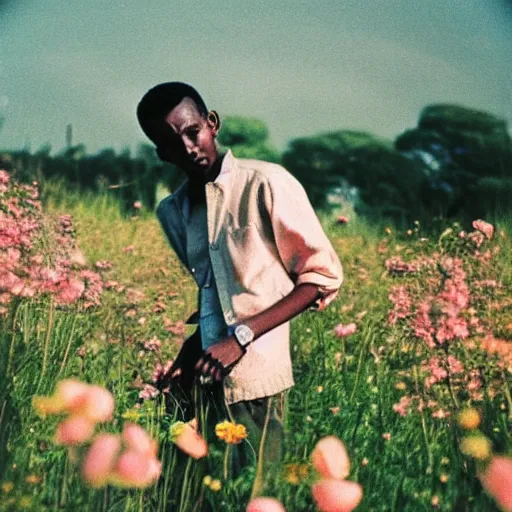 Image similar to somali male, photographer, holding camera, vintage, field of flowers, nature, nostalgic, dreamy, pastel, studio ghibli, thoughtul, wise, intricate details, shot in 1 9 6 0 s