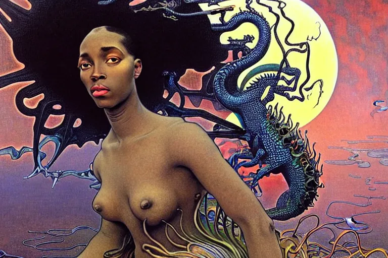 Image similar to realistic extremely detailed closeup portrait painting of a beautiful black woman wearing futuristic dress, dystopian landscape with a mutant dragon on background by Jean Delville, Amano, Yves Tanguy, Alphonse Mucha, Ernst Haeckel, Edward Robert Hughes, Roger Dean, rich moody colours