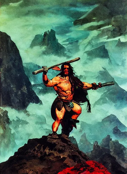 Prompt: portrait of barbarian on mountain, coherent! by mariusz lewandowski, by frank frazetta, deep color, strong line, red green black teal, high contrast