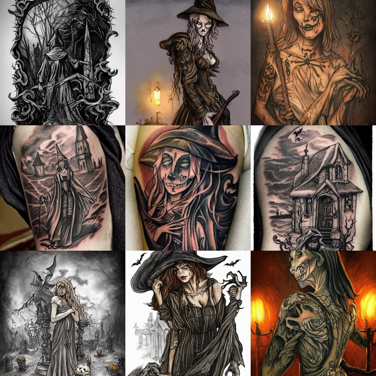 Prompt: halloween tattoo on shoulder by anton pieck, witch in graveyard at midnight, intricate, extremely detailed, digital painting, artstation, concept art, smooth, sharp focus, illustration, intimidating lighting, incredible art,