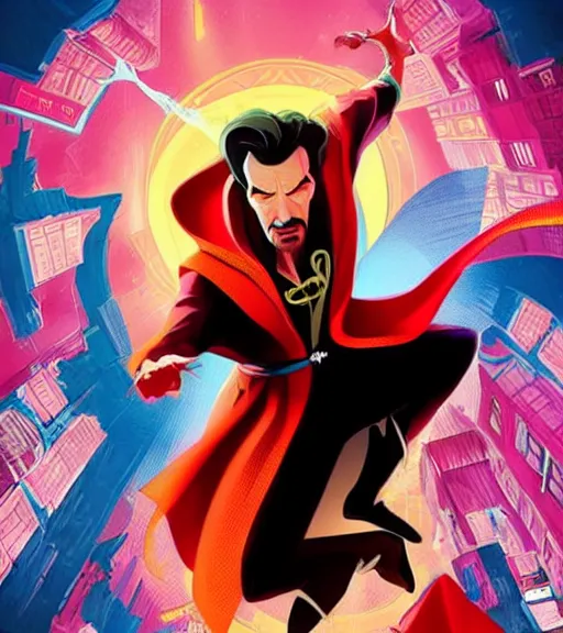 Image similar to poster art of dr strange rendered in the style of into the spiderverse