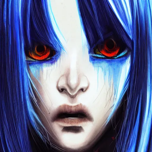 Prompt: full face shot of rimuru tempest, sky blue straight hair, long bangs, with amber eyes, wearing a fancy black jacket, high collar, ultra detailed, brush strokes, digital painting, cinematic, wlop artstation, closeup, pixiv, eerie, scary, intimidating glare, evil, yoshitaka amano, junji ito,