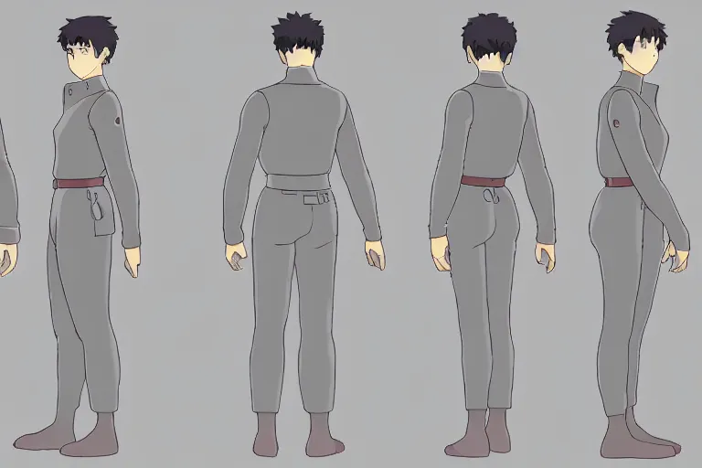 Prompt: a reference sheet containing three pictures of a t position hero by ghibli studio, front back view and side view, t position proportions, ready to model,
