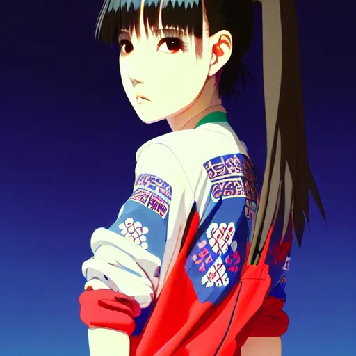 Image similar to a beautiful japanese natalie portman gravure model, wearing oversized native designer bomber jacket and leotard with overalls, bulky poofy bomber jacket with mesoamerican patterns, mesoamerican native street fashion, gapmoe yandere grimdark, trending on pixiv fanbox, painted by greg rutkowski makoto shinkai takashi takeuchi studio ghibli, akihiko yoshida