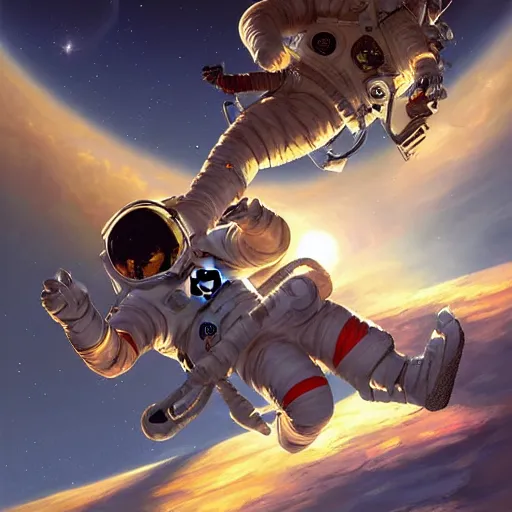 Prompt: astronaut space walking by tyler edlin, golden hour