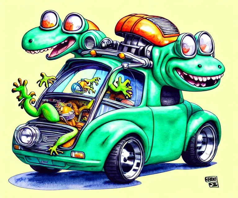 Image similar to cute and funny, gecko wearing a helmet riding in a hot rod with oversized engine, ratfink style by ed roth, centered award winning watercolor pen illustration, isometric illustration by chihiro iwasaki, edited by range murata, tiny details by artgerm and watercolor girl, symmetrically isometrically centered, sharply focused