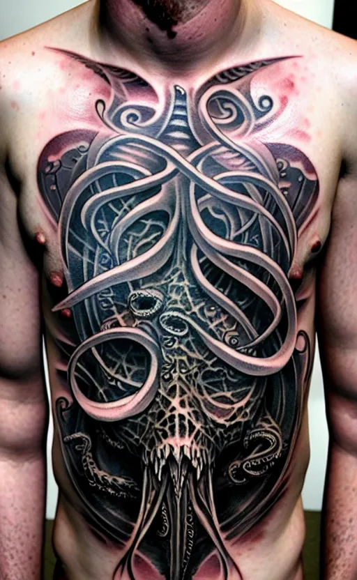 Image similar to chest tattoo cthulhu by greg rutkowski, by giger, by maxim verehin