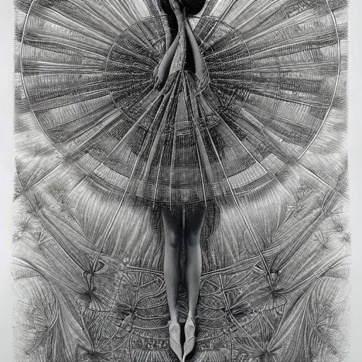 Image similar to hyper detailed bw linear pencil drawing, woman ballet dancer, organic symmetric shapes by ernst haeckel