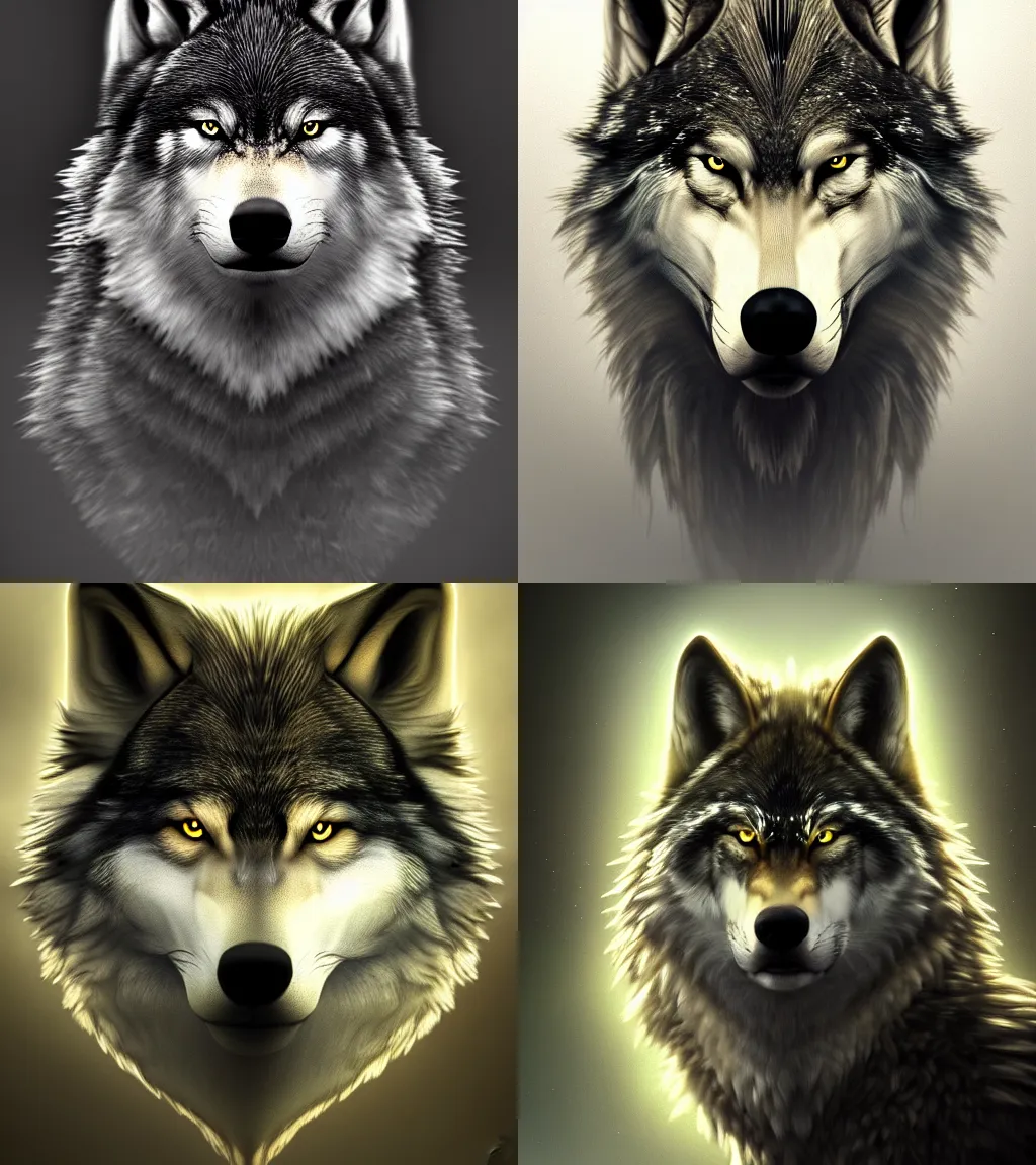 Prompt: fantasy wolf portrait, eye contact, Mark Brooks and Brad Kunkle, featured in artstation, octane render, cinematic, elegant, intricate, 8k
