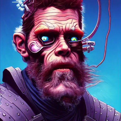 Image similar to portrait painting of a cyberpunk dwarf ninja who looks like willem dafoe, sharp focus, award - winning, trending on artstation, masterpiece, highly detailed, intricate. art by josan gonzales and moebius and deathburger