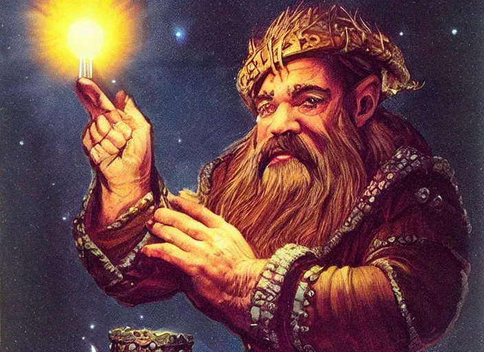 Image similar to a dwarf sorcerer holding a gigantic glowing diamond. his eyes are glowing. high fantasy art ( 1 9 8 7 )