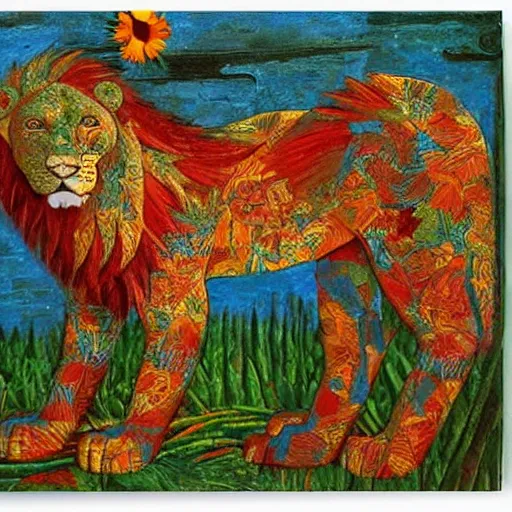 Image similar to decalcomania lion and flowers, beautiful art by max ernst,