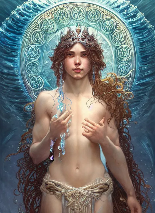 Image similar to a god of water, with hands and hair turning into water, fantasy, intricate, elegant, highly detailed, digital painting, artstation, concept art, wallpaper, smooth, sharp focus, illustration, art by artgerm and greg rutkowski and alphonse mucha