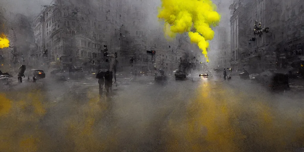 Image similar to kiev city streets covered in yellow and blue smoke, by jeremy mann, by kim keever