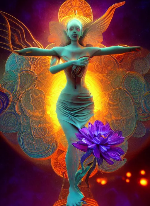 Image similar to flowers within the whole infinite capsule, a goddess apparent with awe the apparition, an idea seep's into infinity and gives me wings, highly detailed in 4 d volumetric latent space, golden turquoise steampunk, high contrast cinematic light, mystical shadows, sharp focus, divine realm of gods, octane render, artist boris vallejo,