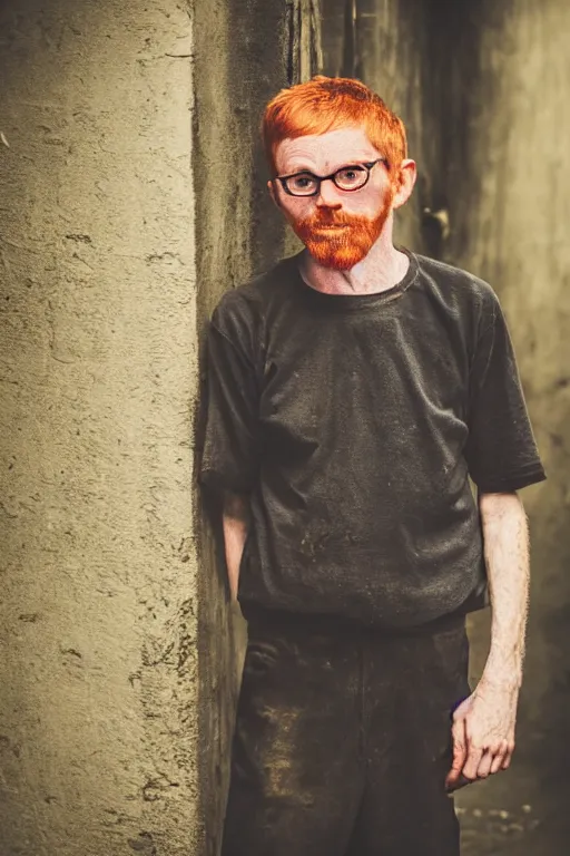 Image similar to full body photo of a 5 0 year old heroin addict ginger men with crooked teeth, shady dark backalley at night, nerdy appearance, smooth, sharp, 8 5 mm, f / 1. 3