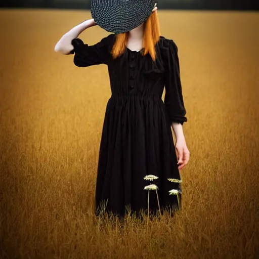 Prompt: a girl standing in a field, wearing black old dress and hat, detailed hands, by andrea kowch, andrea kowch, dark, dark, scene, magicrealism, flowers in background,