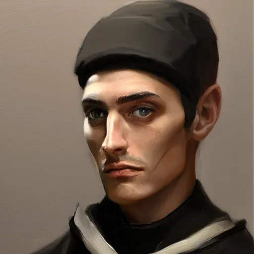 Image similar to An oil painting of a man dressed in priest robes, 30 years old, !chad jaw line!, short black hair, sharp facial features, beautiful, highly detailed, by Cédric Peyravernay, trending on artstation