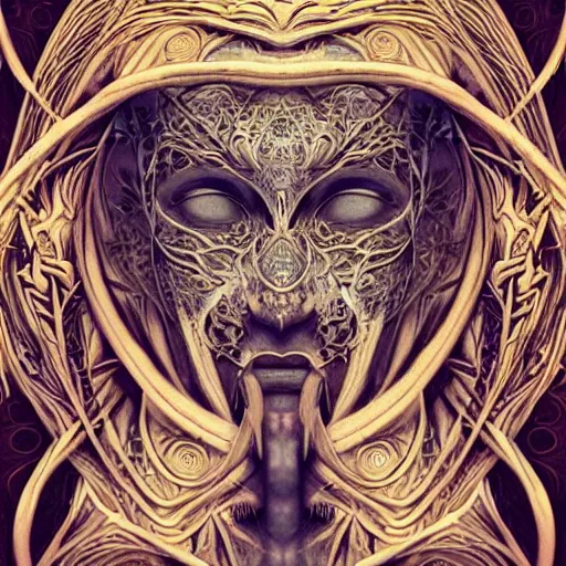 Image similar to ancient hybrid majestic praying shaman fantasy cyber human beautiful symmetrical face mask closeup face mask tattoo pattern golden ratio concept, deep forest psytrance Neo-Gothic concept, infinity glyph waves, intricate artwork masterpiece, very coherent artwork, cinematic, full frontal facial features by Artgerm