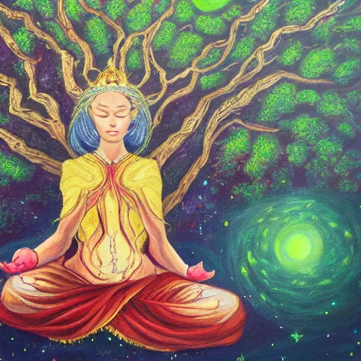 Image similar to A detailed oil painting of a space empress meditating under a tree, detailed artwork