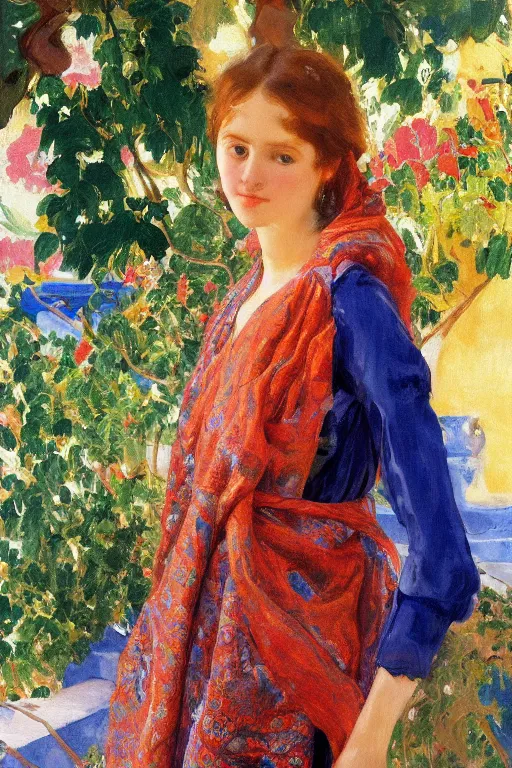 Image similar to a girl with arabesque red and blue and golden detailed scarf near bougainvillea and mexican palms, persian carpet, painting by john singer sargent