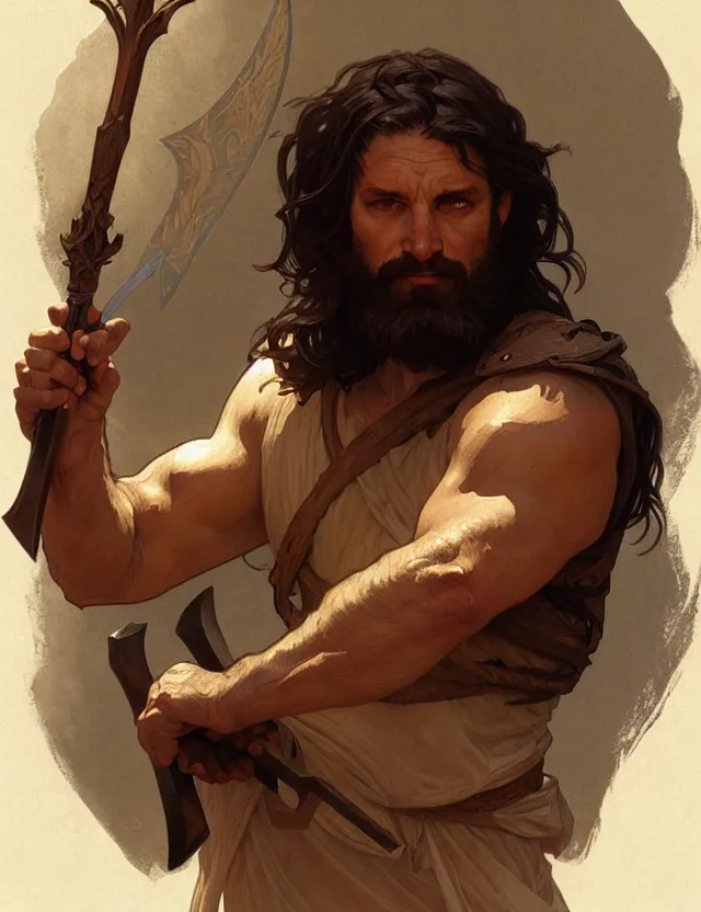 Prompt: portrait of cain from bible holding a spear, headshot, intricate, highly detailed, digital painting, artstation, concept art, sharp focus, cinematic lighting, illustration, art by artgerm and greg rutkowski, alphonse mucha, cgsociety