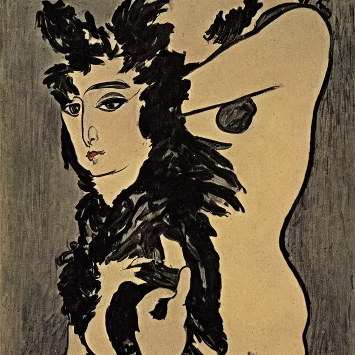 Image similar to portrait of a panther woman. henri de toulouse - lautrec, aubrey beardsley