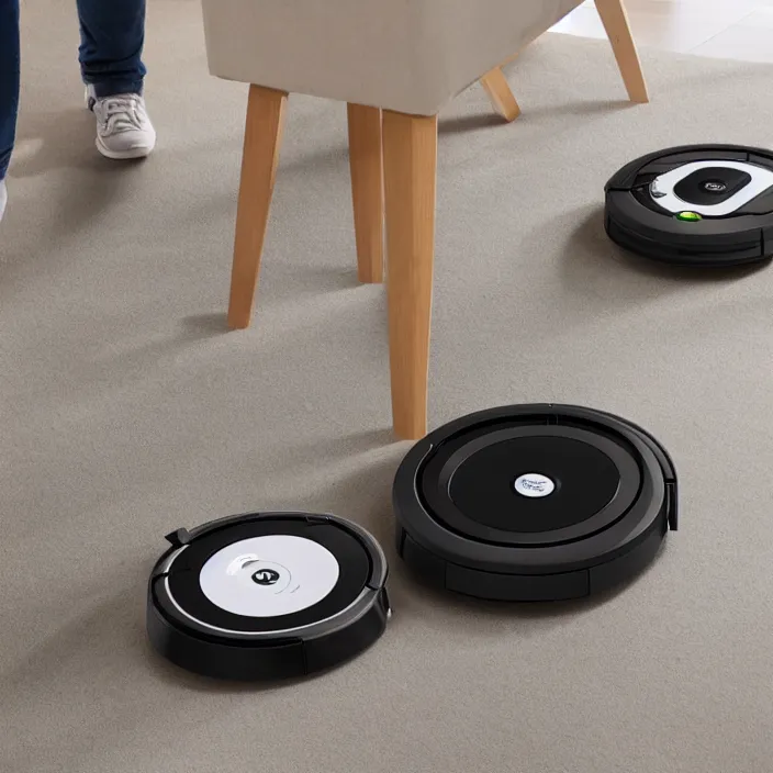 Prompt: A Roomba with a four stand legs with wheels, product advertising, professional advertising, studio quality product