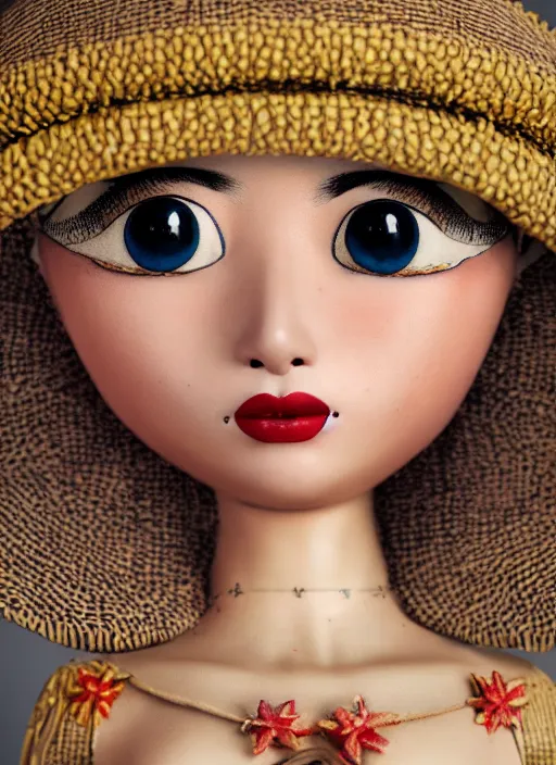 Image similar to closeup portrait of tin toy girl, rice hat, vietnam bikini, depth of field, zeiss lens, detailed, symmetrical, centered, fashion photoshoot, by nicoletta ceccoli, mark ryden, lostfish, breathtaking, 8 k resolution, extremely detailed, beautiful, establishing shot, artistic, hyperrealistic, octane render