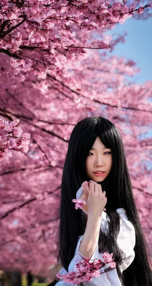 Image similar to a beautiful detailed hyperrealistic render of an attractive japanese female with long black hair covering part of her face and wearing a seifuku, standing next to a beautiful cherry blossom tree, centered, trending on gettyimages and 5 0 0 px, extreme detailing, dim dusk lighting, cinematic lighting, detailed lighting, volumetric lighting, realistic, f 8, 4 k hd wallpaper