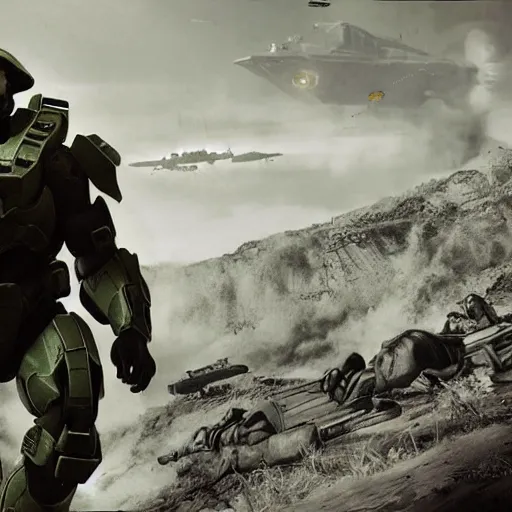 Prompt: Historical photo of the Master Chief from Halo fighting in WWII, cinematic, highly detailed