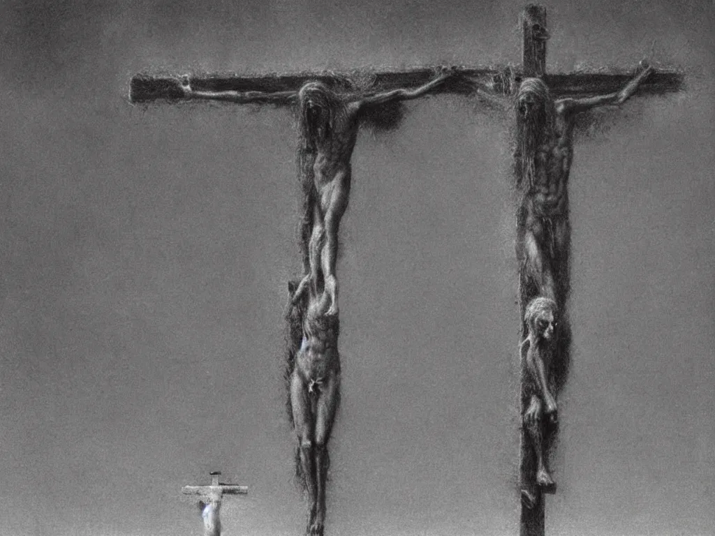 Image similar to jesus christ crucifixion by beksinski, fantasy, scary, award winning 8k