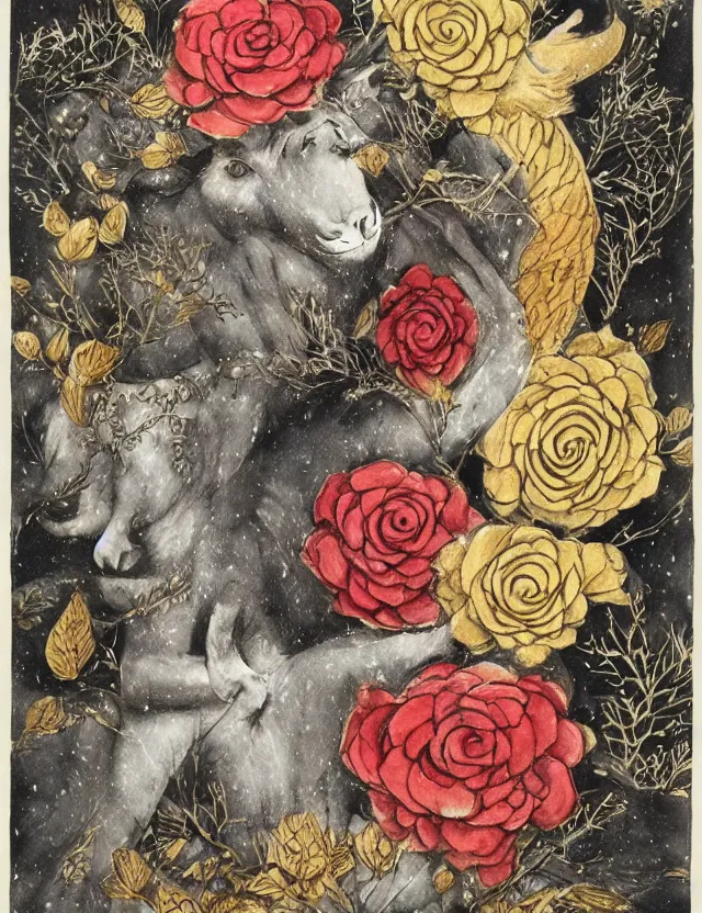 Image similar to animal god of roses and snow. this ink wash and goldleaf work by the beloved children's book illustrator has interesting color contrasts, plenty of details and impeccable lighting.